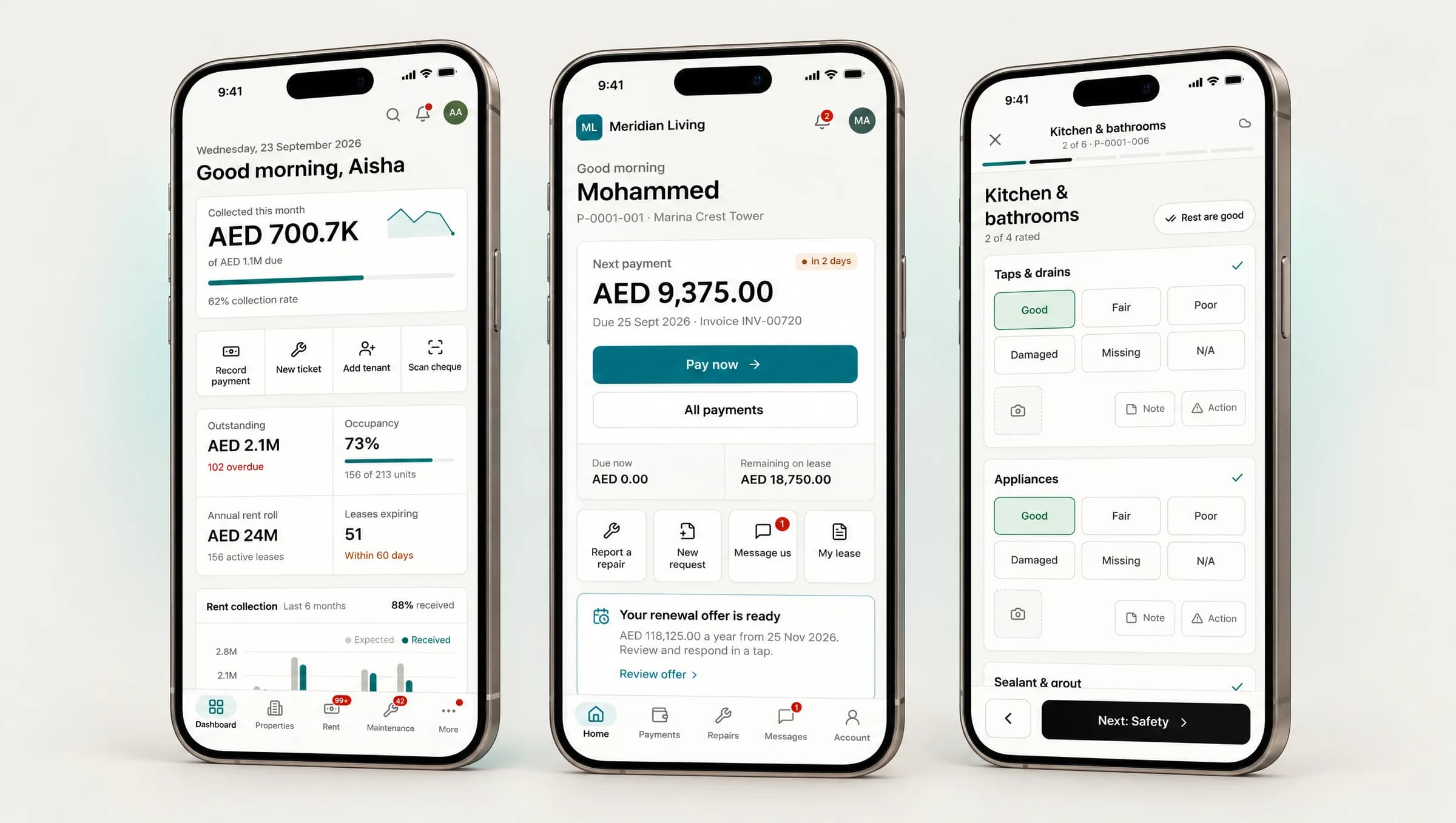 Propiqo on three phones: staff dashboard, work orders and inbox