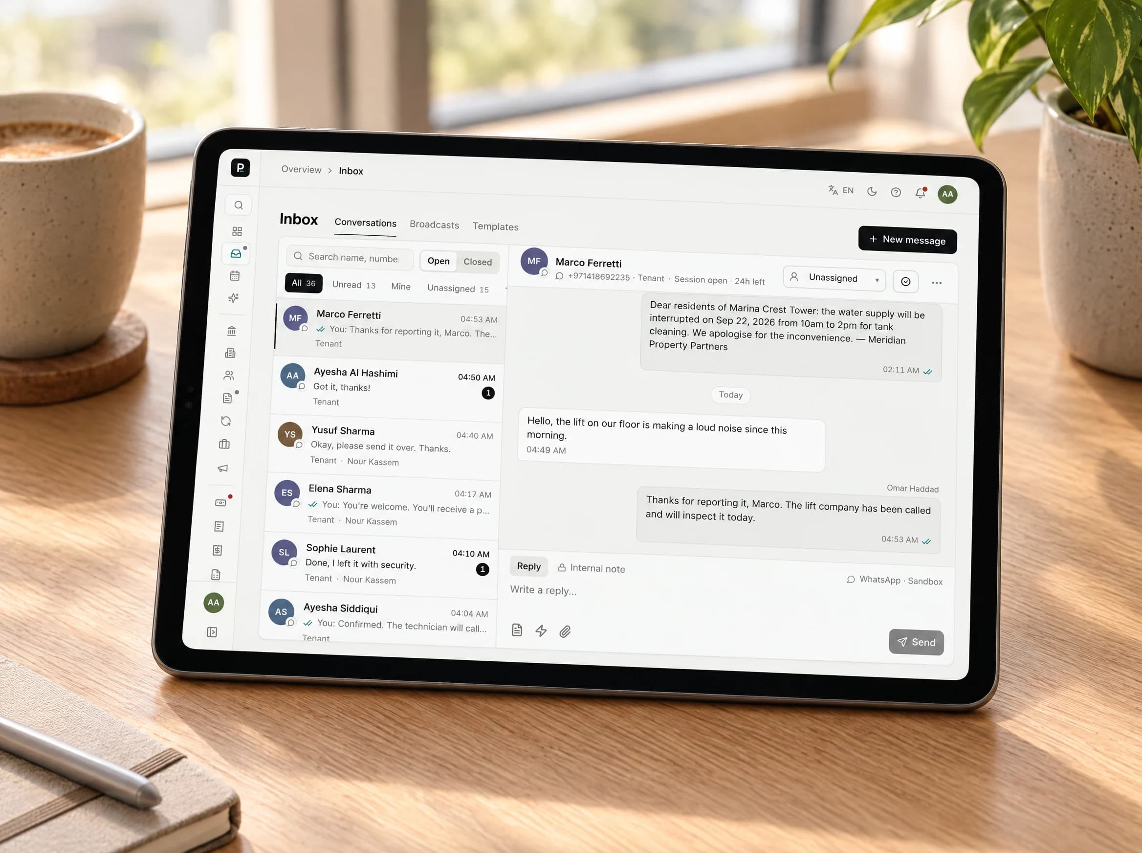 Shared inbox with WhatsApp conversations linked to tenants