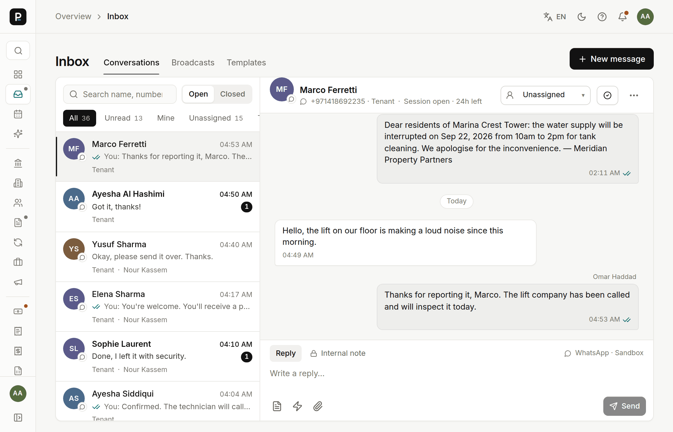Shared inbox with WhatsApp conversations linked to tenants