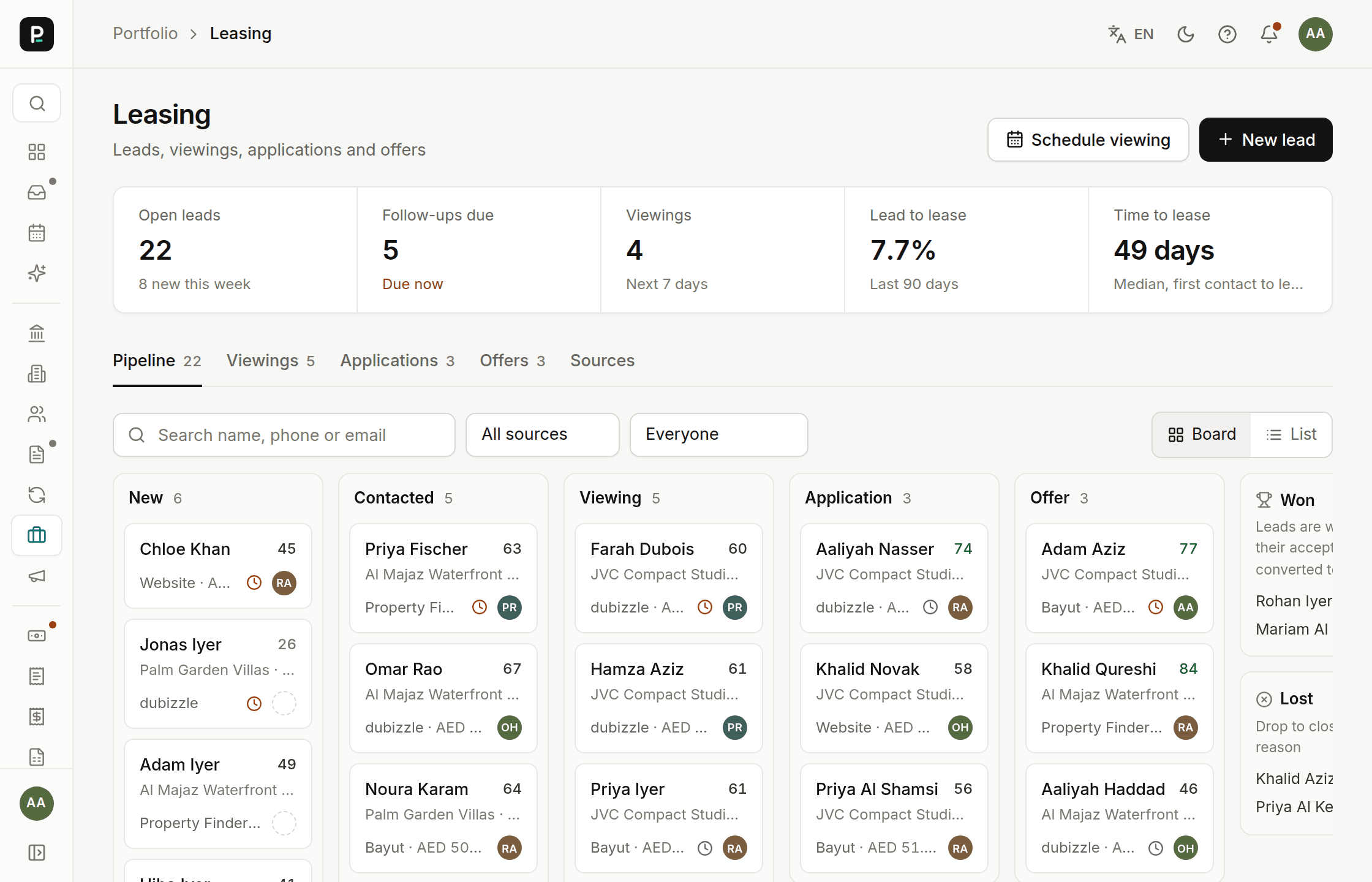 Leasing pipeline board with leads grouped by stage