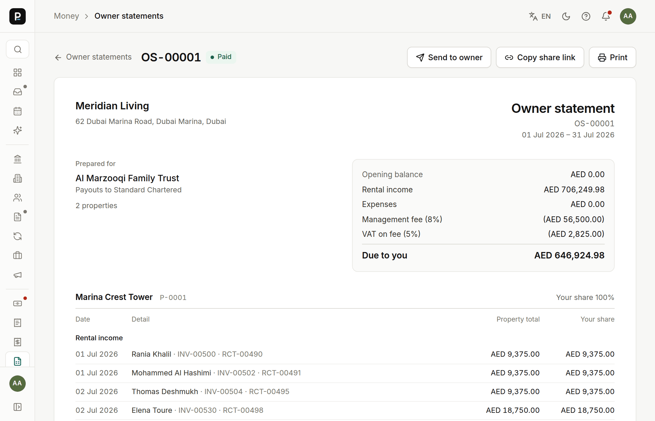 Owner statement with income, expenses, management fee and net payout